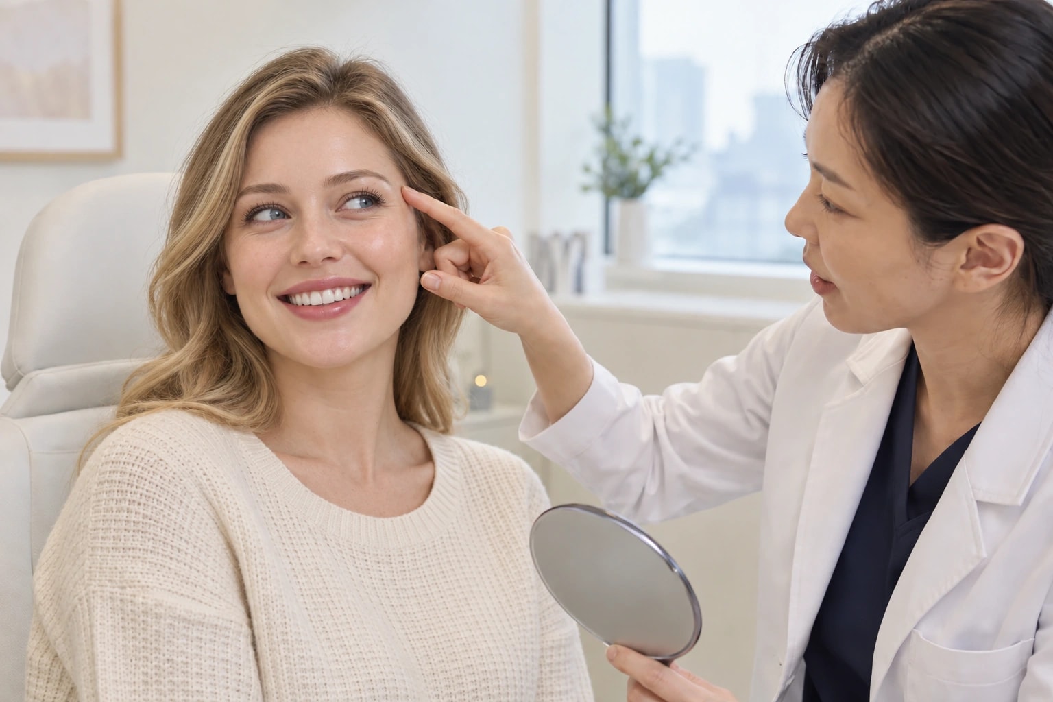 Eye Sofwave 100 نبضة + Re2O Fine 2cc تحت العين ومحيطها · في غانغنام، سيول: مشهد توضيحي للاستشارة والفحص