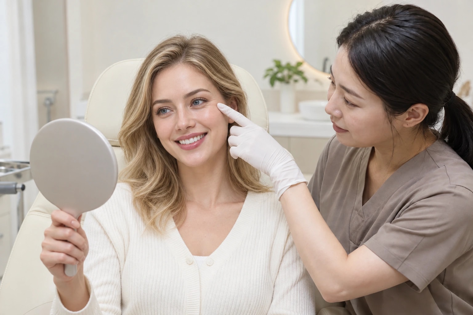 Eye Ultherapy 200 نبضة + Re2O Fine 2cc تحت العين ومحيطها · في غانغنام، سيول: مشهد توضيحي للاستشارة والفحص