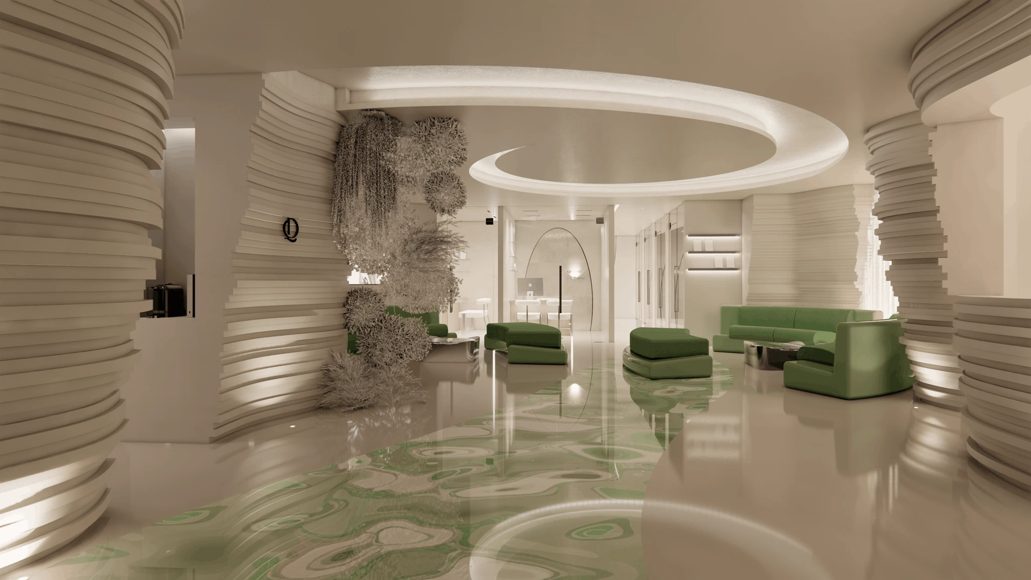 The lounge at QD Clinic in Gangnam, Seoul, seen across the full room