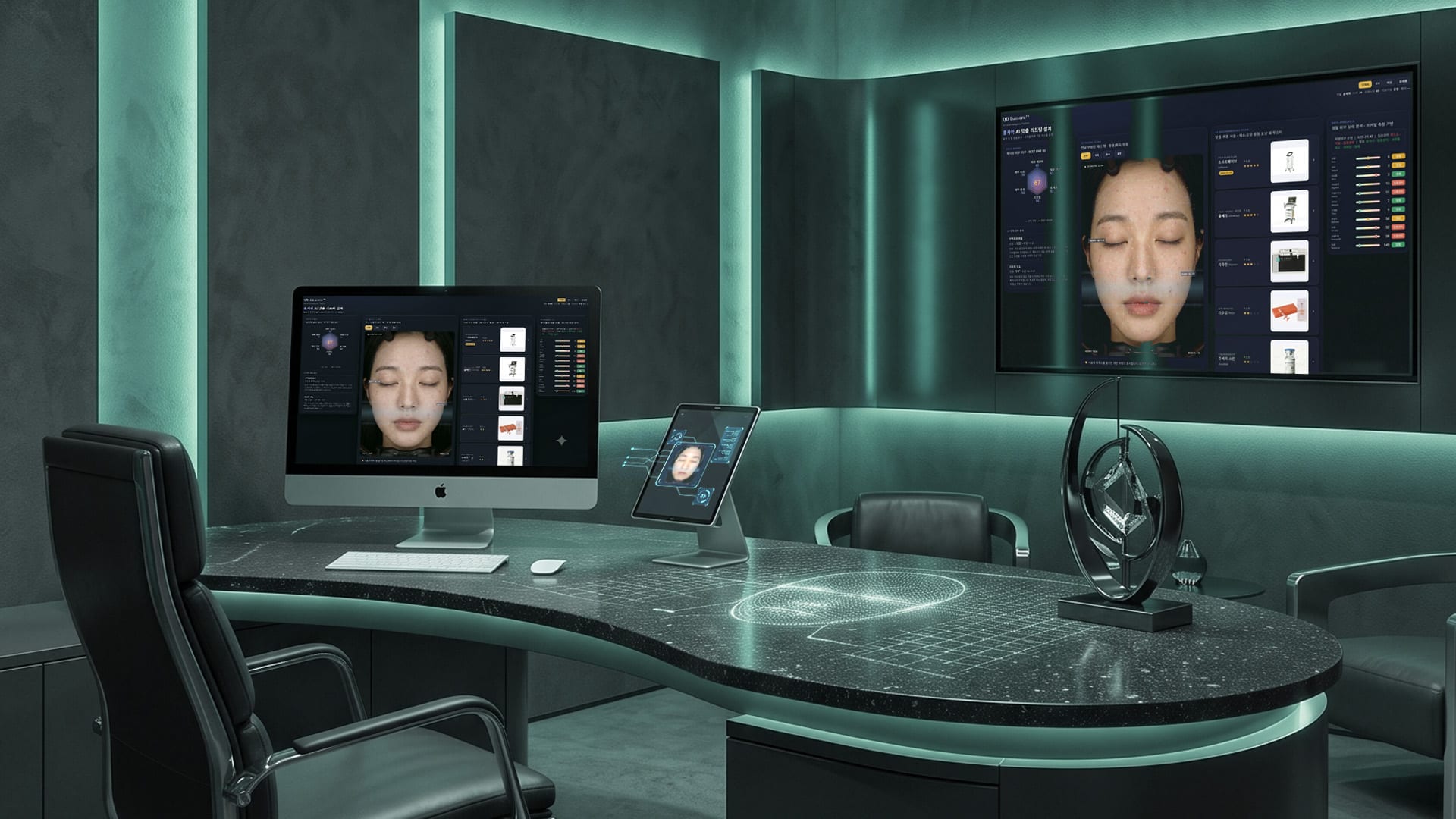 Two screens showing a facial skin analysis at the QD AI desk