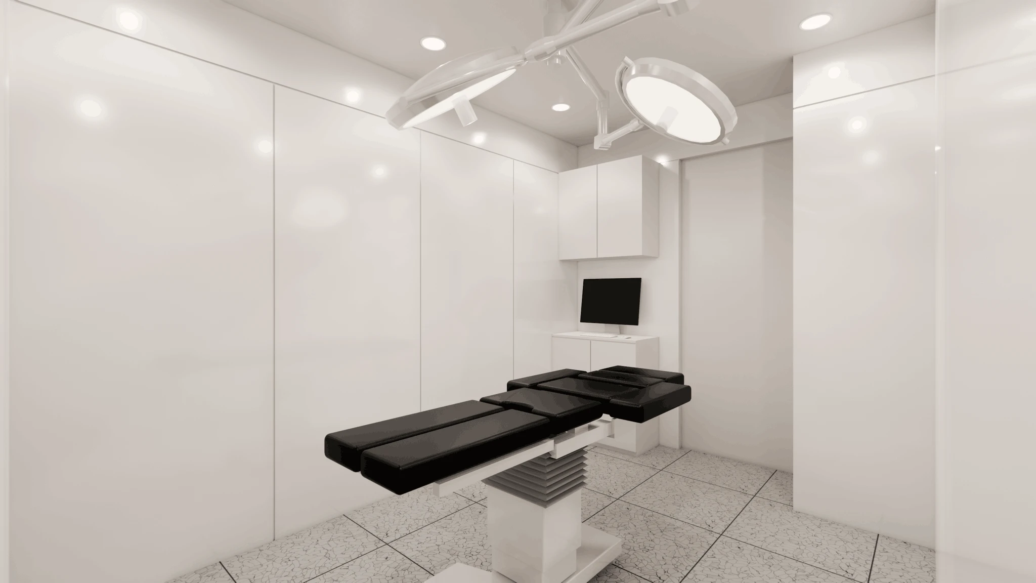 The operating room at QD Clinic, an operating table under a surgical light