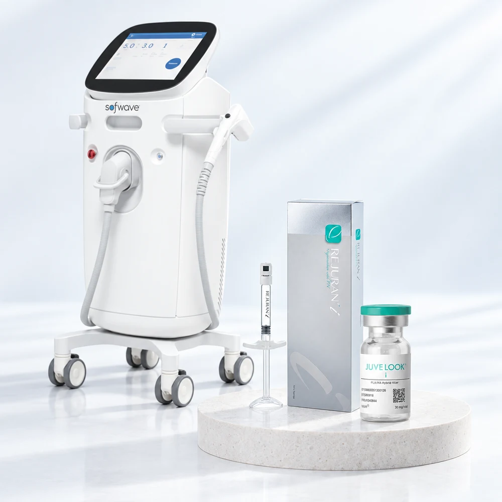 Eye Sofwave 100 نبضة + Rejuran I 2cc + Juvelook I 2cc — صورة مركبة لمنتجات الباقة والجهاز