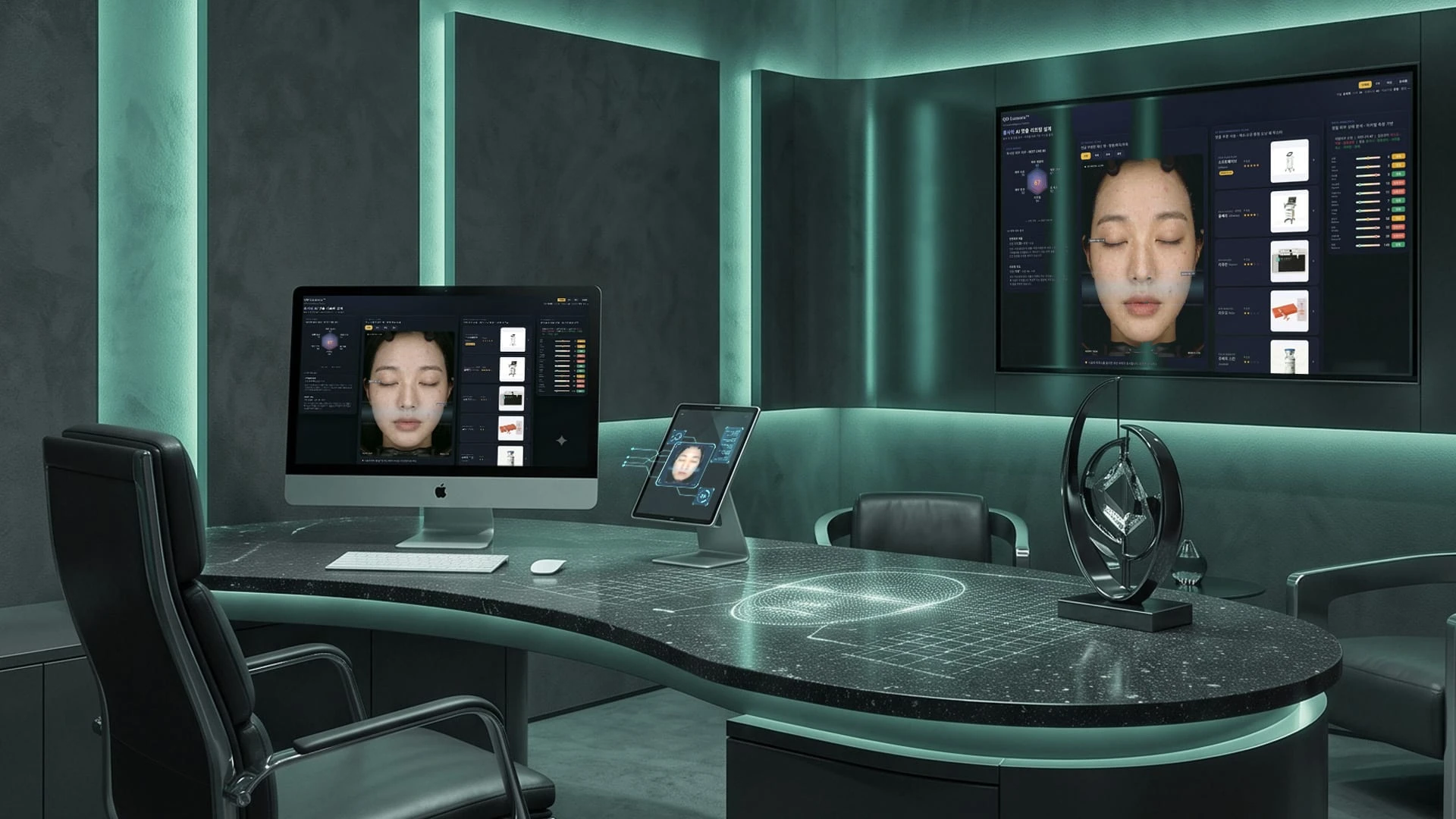 Two screens showing a facial skin analysis at the QD AI desk